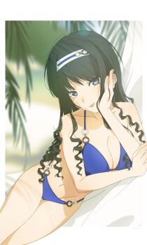 1girl amagami beach bikini black_hair blue_bikini blue_eyes blurry blurry_background breasts cleavage collarbone commentary_request curly_hair day drill_hair feet_out_of_frame hairband hammock head_rest highres large_breasts long_hair looking_at_viewer lying morishima_haruka navel o-ring o-ring_bikini on_hammock on_side outdoors palm_tree shore solo string_bikini swimsuit thighs tongue tongue_out tree usurai_rairai white_hairband