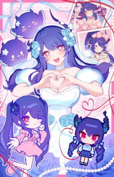 Rule 34 | 1girl, absurdres, bare shoulders, black horns, blue flower, blue hair, blue rose, breasts, cauli, chibi, cleavage, dress, flower, hair flower, hair ornament, heart, heart-shaped pupils, heart hands, highres, hololive, hololive english, horns, jailbird (nerissa ravencroft), large breasts, long hair, nerissa ravencroft, oyomeholic (nerissa ravencroft), pink background, pink dress, pixel art inset, polaroid photo, purple eyes, rose, symbol-shaped pupils, virtual youtuber, white dress