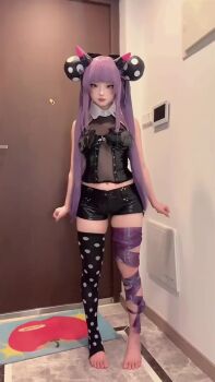 1girl 2025 animated arms_at_sides arms_up asymmetrical_legwear audible_music ball bare_arms bat_wings black_bonnet black_bow black_shorts black_sleeves black_thighhighs blunt_bangs bonnet bow bow_legwear breasts caiyadedouyin chinese_(nationality) chinese_commentary close-up closed_mouth collar commentary cosplay deborah_(under_the_witch) deborah_(under_the_witch)_(cosplay) demon_girl demon_horns detached_collar detached_sleeves ewhitewolf feet female_focus fingernails hair_ornament headgear highres horns indoors licking_lips long_fingernails looking_at_viewer multiple_views music navel numericgazer o-ring open_mouth pink_ribbon polka_dot puffy_sleeves purple_eyes real_life reference_inset revealing_clothes ribbon ribbon-trimmed_legwear ribbon_trim shorts small_breasts smile smug sound standing stirrup_legwear striped_clothes thick_lips thighhighs tiptoes toeless_legwear toes tongue tongue_out under_the_witch underwear video waist_cape white_collar white_hair wings