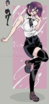 1girl black_ribbon black_shorts black_thighhighs breast_press breasts brown_shoes chainsaw_man choker comparison finger_to_mouth green_eyes grey_background hair_bun kinakomochi_(user_vedc2333) large_breasts looking_at_viewer neck_ribbon open_mouth purple_hair reference_inset reze_(chainsaw_man) ribbon shirt shoes short_hair shorts sleeveless sleeveless_shirt smile standing standing_on_one_leg teeth thighhighs white_shirt