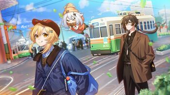 >_< 1boy 2girls :q bag black_jacket blonde_hair brown_eyes brown_hair brown_jacket brown_pants brown_shirt brown_shorts closed_eyes closed_mouth commentary_request eating fumiko_(throughx2) genshin_impact glasses guest_art hair_ornament hairclip halo hat jacket jewelry long_hair long_sleeves lumine_(genshin_impact) multiple_girls necklace orange_hat orange_jacket paimon_(genshin_impact) pants red_hat shirt shorts shoulder_bag slime_(genshin_impact) tongue tongue_out train white_hair yellow_eyes zhongli_(genshin_impact)