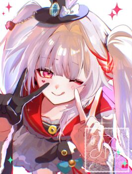 1girl ;p bow braid butterfly-shaped_pupils commentary_request diamond_(shape) diamond_facial_mark dress facial_mark gloves hat hat_ornament heart heart_facial_mark honkai:_star_rail honkai_(series) om_rm1101 one_eye_closed red_eyes red_nails red_streaks side_braid single_glove sparkle_(honkai:_star_rail) sparxie_(honkai:_star_rail) symbol-shaped_pupils tongue tongue_out twintails v white_hair