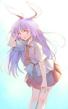 1girl animal_ears backlighting blue_background breast_pocket commentary_request grey_shirt hand_in_own_hair hand_on_own_thigh leaning_forward light_blush long_hair necktie one-hour_drawing_challenge orange_necktie orange_skirt parted_lips pocket purple_hair rabbit_ears rabbit_girl rangycrow red_eyes reisen_udongein_inaba shirt short_sleeves sideways_glance skirt solo thighs touhou