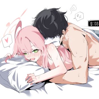 1boy 1girl absurdres ahoge alarm_clock black_hair blue_archive blush clock commentary green_eyes halo hanako_(blue_archive) heart hetero highres implied_sex long_hair pillow pink_hair plentyofempty sensei_(blue_archive) smile spoken_heart spoken_zzz sweat symbol-only_commentary zzz