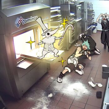 Rule 34 | 3boys, ai-assisted, ai-generated art (topic), ai-generated background, bald, black jacket, black star, blue hair, cane, clutching head, cowering, death the kid, domino's pizza ai images (meme), excalibur (soul eater), flour, food, hashtag-only commentary, hat, highres, holding, holding cane, indoors, jacket, kitchen, kneeling, looking at another, male focus, meme, multiple boys, on floor, open mouth, oven, ox ford, pizza, raddy 358, round eyewear, short hair, shorts, soul eater, sparkle, spiked hair, tall hat, tile floor, tiles, top hat, white hat, white shorts