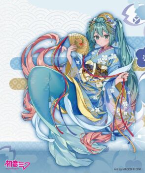 1girl absurdly_long_hair aqua_eyes aqua_hair aqua_nails aqua_tail artist_name blue_background blue_bow blue_kimono blue_outline bow closed_mouth copyright_logo copyright_notice crown dot_nose earrings expressionless eyelashes fins fish_tail floral_print folding_fan full_body gradient_hair hagoromo hair_between_eyes hair_bow hand_fan hatsune_miku holding holding_fan invisible_chair japanese_clothes jewelry kimono light_blush light_frown logo long_hair looking_at_viewer low-tied_long_hair macco mermaid monster_girl multicolored_hair nail_polish official_art outline pink_hair print_bow print_kimono shawl short_kimono single_stripe sitting solo sphere_earrings striped_bow tail two-tone_background two-tone_hair very_long_hair vocaloid waist_bow white_background white_bow