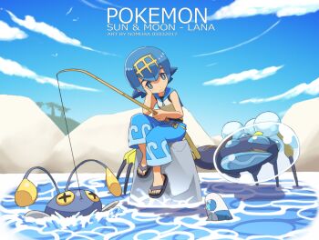 1girl araquanid artist_name blue_hair blue_pants blue_sky bright_pupils chinchou commentary_request copyright_name dated fishing fishing_rod flip-flops gen_2_pokemon gen_7_pokemon holding holding_fishing_rod lana_(pokemon) nintendo nomura_(arumon) ocean pants pokemon pokemon_(creature) pokemon_sm sandals shirt short_hair sitting sky toenails white_pupils white_shirt wishiwashi