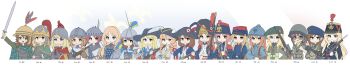 Rule 34 | 1girl, 6+girls, absurdres, adrian helmet, ammunition pouch, antique firearm, aqua eyes, armor, arrow (projectile), ascot, assault rifle, aviator sunglasses, backpack, badge, bag, baldric, bascinet, bayonet, bearskin cap, bedroll, belt, high-waist belt, beret, bird, bird hat ornament, blonde hair, blue coat, blue eyes, blue feathers, blue sleeves, blue surcoat, bolt action, boots, bow, bow (weapon), braid, braided twintails, breastplate, bronze, bronze headwear, brooch, brown eyes, brown gloves, brown hair, bullpup, burgonet, buttons, cape, caplock, carolingian empire, celtic, chainmail, character name, chauchat, checkered cape, checkered clothes, clasp, closed mouth, coat, coat of arms, cockade, coif, collar, combat helmet, commentary, cross, cross necklace, crossbow, cup hilt, dated, eagle, english commentary, english text, epaulettes, expressionless, famas, feathered helmet, feathers, firearm, firelock, first french empire, fleur-de-lis, flintlock, fr f2, france, franco-prussian war, french army, french revolution, full armor, full body, furrowed brow, gambeson, gaul, gauntlets, glaive (polearm), gloves, gold buttons, greaves, green cape, green eyes, green shirt, grenadier guards, grey coat, grey feathers, grey scarf, group picture, guard, gun, h&amp;k hk416, hair ribbon, hand up, hat, hat bow, hat feather, hauberk, helmet, heraldry, highres, holding, holding behind back, holding gun, holding polearm, holding shield, holding sword, holding unworn helmet, holding weapon, holding weapon behind back, invisible floor, jewelry, knight, leochan1202, long hair, long image, long sleeves, looking at viewer, low twintails, mas-36, medieval, medium hair, military combat uniform, military hat, military rank insignia, military uniform, multiple girls, musket, musketeer, napoleonic wars, necklace, number print, open mouth, original, ornate helmet, pauldrons, pink hair, plate armor, plume, polearm, pouch, powder flask, quiver, rapier, red cape, red feathers, red ribbon, ribbon, rifle, sabaton, scale armor, scarf, serious, shadow, shako cap, sheath, shield, shirt, short hair, shoulder armor, shoulder strap, simple background, sleeve cuffs, smile, soldier, solo, spangenhelm, spurs, standing, strap, striped sleeves, submachine gun, sunglasses, surcoat, sword, sword hilt, tabard, thompson submachine gun, tricorne, twintails, two-barred cross, two-handed, unworn headwear, unworn helmet, upper body, vest, wavy hair, weapon, white background, white bow, white collar, white scarf, white vest, wide image, world war i, world war ii, yellow-framed eyewear, yellow eyes, yellow feathers