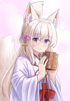 Rule 34 | absurdres, animal ears, bow, box, brown hair, closed mouth, commentary request, folded ponytail, fox ears, fox girl, fox tail, gift, gift box, hair between eyes, hakama, hakama skirt, hands up, highres, holding, holding gift, iroha (iroha matsurika), japanese clothes, kimono, koyoi (iroha (iroha matsurika)), long hair, looking at viewer, miko, original, pink background, purple eyes, red bow, red hakama, skirt, smile, solo, sparkle background, tail, upper body, valentine, very long hair, white kimono