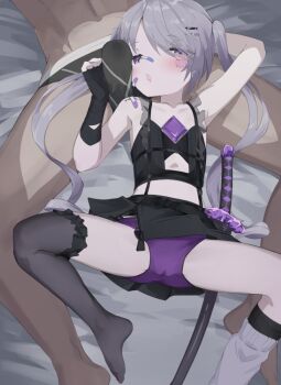 1boy 1girl bandaid bandaid_on_cheek bandaid_on_face bandaid_on_nose bandaid_on_shoulder black_panties black_shirt black_skirt black_thighhighs bulge chest_jewel cracked_skin erection erection_under_clothes feet flat_chest frilled_thighhighs frills gem gloves grey_leg_warmers hetero hololive hololive_english koseki_bijou koseki_bijou_(casual) leg_warmers loli long_hair lying miniskirt official_alternate_costume official_alternate_hairstyle on_back panties purple_eyes purple_gemstone purple_panties recklessdraw shirt single_thighhigh skirt spread_legs thighhighs tomato_(sword) underwear virtual_youtuber