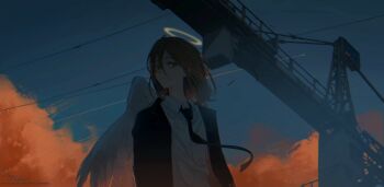 1boy angel_devil_(chainsaw_man) angel_wings black_jacket black_necktie brown_hair chainsaw_man collared_shirt commentary_request copyright_notice crane_(machine) dusk floating_clothes grey_shirt grey_wings halo highres jacket long_sleeves male_focus medium_hair necktie open_clothes open_jacket orange_clouds outdoors ryane_(yry_0) shirt signature sky traditional_halo upper_body wings