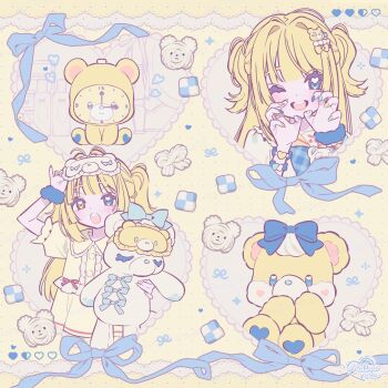 1girl blonde_hair blue_bow blue_eyes blue_nails blush bow bracelet buttons choppy_bangs claw_pose clock cookie eyelashes fingernails food frills hair_intakes hand_up happy heart highres holding holding_stuffed_toy jewelry long_hair looking_at_viewer mellownote multiple_views nail_polish one_eye_closed open_mouth original puffy_sleeves scrunchie short_sleeves sleep_mask square stuffed_animal stuffed_toy teddy_bear teeth two_side_up upper_body upper_teeth_only yellow_nails