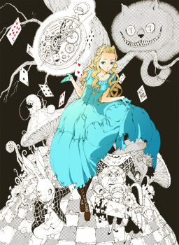 1boy 2girls absurdres alice_in_wonderland_(tim_burton) alice_in_wonderland_(disney) alice_kingsleigh bad_id bad_pixiv_id blonde_hair boots card cat caterpillar_(alice_in_wonderland) cheshire_cat_(disney) clock clothes_lift curly_hair dress dress_lift floating_card gloves highres karasuma_tasuku knee_boots mad_hatter_(alice_in_wonderland) multiple_girls mushroom rabbit victorian victorian_dress watch white_rabbit_(alice_in_wonderland) wristwatch