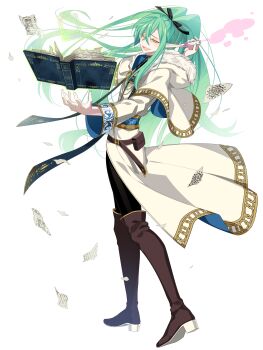 1boy :d belt belt_pouch black_pants book boots brown_boots capelet dairoku_ryouhei fur-trimmed_hood fur_trim green_hair highres holding holding_vial hood hood_down l_(matador) lion_lievre long_hair long_sleeves magic open_mouth pants paper potion pouch smile solo transparent_background vial white_capelet yellow_eyes