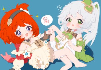 2girls bare_shoulders barefoot black_hairband blue_background blue_eyes brown_gloves cross-shaped_pupils detached_sleeves dress fang finger_frame genshin_impact gloves green_eyes grey_hair hairband highres honkai:_star_rail honkai_(series) loli long_hair looking_at_viewer mihoyo multiple_girls nahida_(genshin_impact) open_mouth pointy_ears red_hair short_sleeves side_ponytail simple_background skin_fang sleeveless sleeveless_dress speech_bubble spoken_object symbol-shaped_pupils tribadism tribbie_(honkai:_star_rail) white_dress yuri zeru_(wisel_army)