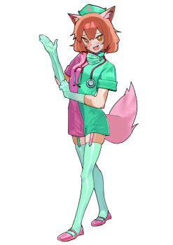 absurdres adjusting_clothes adjusting_gloves animal_ears blush cat_ears furry furry_female gloves hat highres ivy_the_wolfcat latex latex_gloves mask mouth_mask nurse nurse_cap original saaal653 surgical_mask tail thighhighs