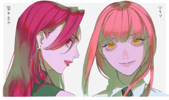 Rule 34 | 2girls, bare shoulders, black necktie, black tank top, blunt bangs, border, braid, chainsaw man, character name, closed mouth, collared shirt, commentary request, crossover, earrings, from behind, gold earrings, highres, jewelry, lips, long hair, looking at viewer, looking back, makima (chainsaw man), mihalme, multiple girls, necktie, pink hair, pink lips, red eyes, ringed eyes, shirt, sidelocks, simple background, single braid, smile, sparkle, tank top, upper body, white background, white border, white shirt, yellow eyes