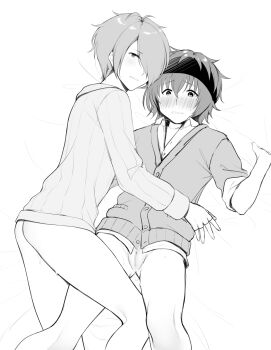 Rule 34 | 2boys, absurdres, blush, bottomless, censored, cleft of venus, cuntboy, cuntboy with male, gnash15, greyscale, hair over one eye, headband, highres, idolmaster, idolmaster side-m, looking at viewer, looking back, lying, monochrome, mosaic censoring, multiple boys, on back, on bed, partially unbuttoned, pussy, short hair, tsukumo kazuki, wakazato haruna