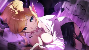 1girl black_horns black_skirt black_tail black_thighhighs black_wings blonde_hair blue_eyes blurry blurry_background breasts cleavage coat collarbone daichi_lds demon_girl demon_horns demon_tail demon_wings frilled_shirt frills garter_straps heart highres hololive horns lab_coat large_breasts long_hair pink_shirt pointy_ears shirt skirt solo tail tattoo thighhighs virtual_youtuber white_coat winged_heart winged_heart_tattoo wings yuzuki_choco yuzuki_choco_(1st_costume)