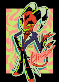 1boy :d abstract_background absurdres black_boots black_border black_eyeshadow black_horns black_pants blitzo_(helluva_boss) boots border buttons character_name checkered_background coat colored_sclera colored_skin colored_teeth commentary_request demon_boy demon_horns demon_tail eyeshadow fewer_digits from_above full_body grey_coat grey_outline grin hand_on_own_hip hand_up hellaverse helluva_boss highres horns knee_boots lapels long_sleeves makeup male_focus menma_(enaic31) multicolored_horns notched_lapels open_mouth outline outside_border pants pink_background red_eyes red_shirt red_skin red_tail sharp_teeth shirt signature simple_background smile solo standing striped_horns tail teeth two-tone_background two-tone_horns v-shaped_eyebrows white_horns yellow_background yellow_sclera yellow_teeth