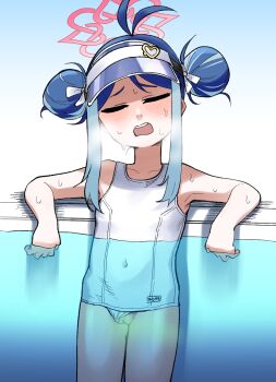 1girl antenna_hair asahina_yoshitoshi bare_arms blue_archive blue_hair cleft_of_venus closed_eyes clothing_aside covered_navel cowboy_shot double_bun fubuki_(blue_archive) fubuki_(swimsuit)_(blue_archive) hair_bun halo highres old_school_swimsuit one-piece_swimsuit open_mouth partially_submerged pee peeing peeing_underwater pussy red_halo school_swimsuit solo swimsuit swimsuit_aside teeth uncensored upper_teeth_only visor_cap water white_one-piece_swimsuit white_school_swimsuit