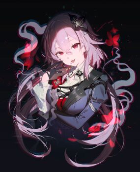 1girl absurdres amphoreus_(honkai:_star_rail) black_dress breasts collar commentary dress earrings evernight_(honkai:_star_rail) flower gloves grey_nails hair_between_eyes hair_flower hair_ornament hairclip highres honkai:_star_rail honkai_(series) iei_(yeahhiei) jewelry long_hair march_7th_(honkai:_star_rail) medium_breasts parallel_hairclips pink_hair red_eyes red_flower ring single_earring upper_body very_long_hair white_collar