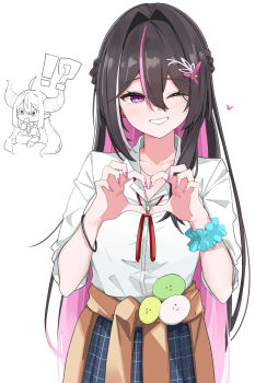 !? 1girl alternate_costume azki_(hololive) black_hair blue_scrunchie blue_skirt closed_mouth collared_shirt colored_inner_hair commentary_request haseneko highres hololive la+_darknesss multicolored_hair one_eye_closed pink_hair purple_eyes school_uniform scrunchie shirt skirt smile solo streaked_hair two-tone_hair virtual_youtuber white_shirt