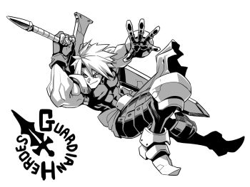 1boy character_request closed_mouth fingerless_gloves full_body gloves greyscale guardian_heroes highres holding holding_sword holding_weapon male_focus monochrome short_hair simple_background smile solo sword tukiwani weapon white_background