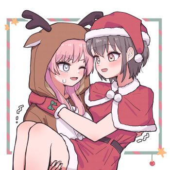 Rule 34 | 2girls, absurdres, bang dream!, bang dream! it's mygo!!!!!, blush, brown eyes, carrying, chihaya anon, commentary, dress, fake antlers, fang, grey eyes, grey hair, hat, highres, hood, hood up, inset border, jin (jinkwon1147), long hair, multiple girls, open mouth, pink hair, princess carry, red dress, red hat, santa hat, short hair, sweatdrop, takamatsu tomori, trembling