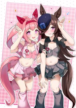 2girls absurdres animal_ears blue_flower blue_hat blue_rose blush bow breasts brown_hair clothing_cutout commentary_request cropped_shirt ear_bow ear_covers flipped_hair flower flower-shaped_pupils flower_in_eye grey_skirt hair_over_one_eye hairband haru_urara_(umamusume) hat hat_flower headband highres horse_ears horse_girl horse_tail kibihimi layered_skirt long_hair looking_at_viewer loose_socks medium_breasts meni_shuki_rush-sshu! midriff multiple_girls navel open_mouth pink_eyes pink_hair pink_headband pink_shirt pink_skirt pink_socks ponytail purple_eyes red_headband rice_shower_(umamusume) rose shirt simple_background skirt small_breasts smile socks standing symbol-shaped_pupils symbol_in_eye tail thighs tilted_headwear umamusume white_background