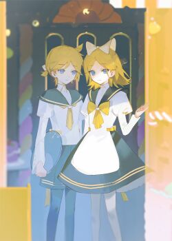 Rule 34 | 1boy, 1girl, blonde hair, blue eyes, bow, commentary request, dress, hair bow, hair ornament, highres, kagamine len, kagamine rin, maid, makagi2, neckerchief, parted bangs, sailor collar, shirt, short hair, shorts, siblings, standing, twins, vocaloid, yellow bow