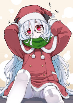 1girl :o adjusting_clothes adjusting_headwear arms_up bags_under_eyes black-framed_eyewear black_gloves blue_panties capelet christmas commentary_request crotch_seam doll_joints dress enpera flat_chest fur-trimmed_capelet fur-trimmed_dress fur-trimmed_headwear fur-trimmed_sleeves fur_trim glasses gloves green_scarf hair_between_eyes hat highres joints long_hair long_hair_between_eyes long_sleeves looking_at_viewer melc_(ogami_kazuki) ogami_kazuki open_mouth original pale_skin panties pantyhose pantyshot red_capelet red_dress red_eyes red_hat santa_costume santa_hat scarf short_dress slit_pupils solo striped_clothes striped_panties two-tone_panties underwear upskirt very_long_hair white_hair white_panties white_pantyhose