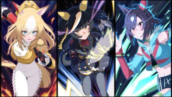 Rule 34 | 3girls, absurdres, ahoge, animal ears, ascot, asymmetrical jacket, aura, believe (purity) (umamusume), believe (umamusume), black hair, black pantyhose, black shorts, black sports bra, blonde hair, blue eyes, blue jacket, blunt bangs, blush, bodysuit, breasts, brown hair, buttons, calstone light o (one true path) (umamusume), calstone light o (umamusume), choker, clenched teeth, closed mouth, commentary request, detached collar, double-breasted, durandal (chevalier fidele) (umamusume), durandal (umamusume), ear covers, electricity, epaulettes, fourragere, frilled bodysuit, gloves, green choker, hair between eyes, highres, hime cut, hitempo, horse ears, horse girl, horse tail, jacket, large breasts, long hair, long sleeves, looking at viewer, medium breasts, midriff, multicolored hair, multiple girls, navel, open mouth, pantyhose, red ascot, running, short hair, shorts, single ear cover, smile, sports bra, tail, teeth, two-tone hair, umamusume, white bodysuit, white gloves, white hair, yellow eyes