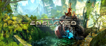 absurdres building copyright_request enslaved:_odyssey_to_the_west gauntlets grass highres holding holding_staff lito_perezito logo monkey_(enslaved:_odyssey_to_the_west) moss no_shirt no_shoes red_hair ruins single_sleeve staff strapless trip_(enslaved:_odyssey_to_the_west) tube_top white_hair