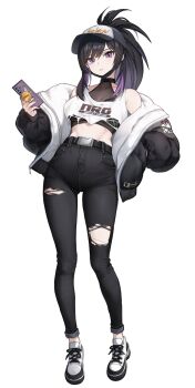 1girl bare_shoulders baseball_cap belt black_hair black_jacket black_pants black_survival crop_top denim eternal_return:_black_survival full_body hat high-waist_pants highres holding holding_phone jacket jeans kkonaeng long_sleeves mask mask_pull midriff mole mole_under_eye mouth_mask multicolored_hair off_shoulder open_clothes open_jacket pants parted_lips phone ponytail puffy_long_sleeves puffy_sleeves purple_eyes shirt shoes simple_background sleeveless sleeveless_shirt sneakers solo streaked_hair torn_clothes torn_pants torn_shirt tsubame_(black_survival) white_background white_shirt white_shoes