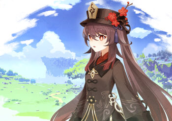 1girl absurdres blue_sky brown_hair chinese_clothes chinese_commentary cloud commentary_request day flower flower-shaped_pupils genshin_impact hair_between_eyes hat hat_flower hat_ornament highres hu_tao_(genshin_impact) long_hair long_sleeves looking_at_viewer mountain multicolored_hair open_mouth outdoors red_eyes red_shirt shirt sidelocks sky sleeves_past_wrists solo symbol-shaped_pupils tree twintails very_long_hair yingzi_hu_yu_kong
