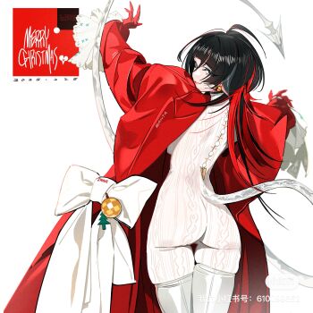 1girl absurdres animal_ears bell bell_earrings black_hair blue_eyes bow chinese_commentary commentary_request cowboy_shot earrings from_behind highres jane_doe_(zenless_zone_zero) jewelry looking_at_viewer looking_back mouse_ears multicolored_hair smile solo standing streaked_hair sweater tail tizibade white_bow white_sweater zenless_zone_zero