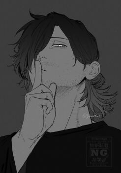1boy aizawa_shota bags_under_eyes boku_no_hero_academia finger_to_mouth from_below grey_background greyscale hair_bun highres index_finger_raised jibun0624 looking_at_viewer male_focus monochrome portrait shirt shushing simple_background solo upper_body watermark