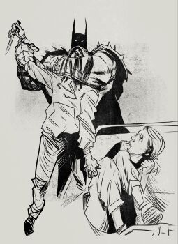 1girl 2boys absolute_batman absolute_dc animal_ears armor batman batman_(series) cape covered_mouth dc_comics decarlos_brown_jr. expressionless fighting full_body gloves highres holding_another's_wrist hood hoodie iryna_zarutska joshua_adams83 killing_of_iryna_zarutska knife legs_folded legs_together limited_palette monochrome multiple_boys real_life restrained scared short_hair shoulder_armor signature simple_background sitting strangling surprised white_background