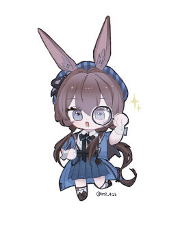 1girl amiya_(arknights) animal_ear_fluff animal_ears arknights black_bow blue_hat blue_jacket blue_skirt boots bow brown_boots brown_hair chibi collared_shirt full_body grey_eyes hair_between_eyes hat highres holding jacket long_hair looking_at_viewer low_twintails magnifying_glass pleated_skirt rabbit_ears roi_423 shirt simple_background skirt socks solo sparkle standing standing_on_one_leg striped_clothes striped_headwear twintails twitter_username vertical-striped_clothes vertical-striped_headwear very_long_hair white_background white_shirt white_socks