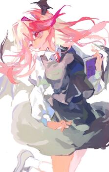 1girl black_shoes black_skirt black_vest black_wings book breasts collared_shirt commentary_request demon_girl demon_wings hair_intakes head_tilt head_wings holding holding_book koakuma long_hair long_sleeves looking_afar medium_breasts necktie open_mouth pink_eyes pink_hair red_necktie shinjitsu_no_kuchi shirt shoes simple_background skirt skirt_set socks solo touhou vest walking white_background white_shirt white_socks wings