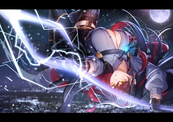 1girl absurdres anzusouda asymmetrical_legwear black_gloves black_hair black_shorts black_thighhighs block_heels boots breasts buttons center_opening chest_harness city city_lights cleavage collarbone collared_shirt commentary_request electricity energy floating_hair full_moon garter_straps gloves glowing glowing_weapon gold_trim hair_between_eyes hair_intakes harness high_heel_boots high_heels highres holding holding_weapon large_breasts light_particles long_hair long_sleeves looking_ahead midair mismatched_legwear moon multicolored_hair night original outdoors outstretched_arm parted_lips partially_open_shirt partially_unbuttoned purple_shirt red_hair shirt shorts sidelocks single_thighhigh sky solo sparkle star_(sky) star_(symbol) starry_sky thighhighs thighs upside-down very_long_hair weapon yellow_eyes