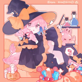 1girl alternate_costume arknights black_boots black_hat boots bow candy cauldron dress food gauze_on_knee hat holding holding_wand kirara_(arknights) long_sleeves open_mouth pink_eyes pink_hair user_mynn4277 wand witch witch_hat