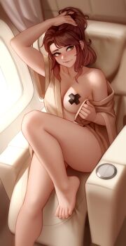 1girl absurdres airplane_interior areola_slip arm_up bare_shoulders barefoot blush breasts brown_robe collarbone commentary commission cross cross_pasties english_commentary eyelashes feet foot_out_of_frame full_body hand_in_own_hair highres kairunoburogu knee_up leah_koenig legs long_hair looking_to_the_side medium_breasts open_clothes open_robe original pasties recliner reclining robe sidelighting sidelocks sitting smile solo thighs toenails toes tsuaii undressing window