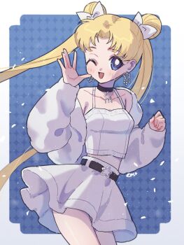 Rule 34 | + +, 1girl, bishoujo senshi sailor moon, black choker, blue background, blue eyes, bow, camisole, choker, cowboy shot, double bun, hair bow, hair bun, hand up, highres, jacket, jacket partially removed, light blush, midriff, one eye closed, open mouth, parted lips, pendant choker, skirt, smile, solo, star (symbol), star choker, tsukino usagi, twintails, white background, white bow, white camisole, white jacket, white skirt, yyemoyy