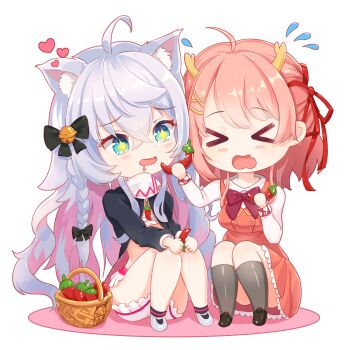 Rule 34 | + +, 2girls, animal ears, antlers, basket, black bow, black jacket, black thighhighs, blue eyes, bow, bowtie, braid, cat ears, cat tail, catxuan, chibi, chibi style, commentary request, dress, food, fruit, gradient hair, hair ornament, hair ribbon, heart, highres, horns, jacket, kagura nana, kano (hanayori jyoshiryou), long hair, multicolored hair, multiple girls, orange eyes, pink background, pink hair, red dress, red eyes, red ribbon, ribbon, school uniform, sharing peppers, shirt, short hair, sitting, star-shaped pupils, star (symbol), strawberry, sweatdrop, symbol-shaped pupils, tail, thighhighs, virtual youtuber, white dress, white shirt, x eyes