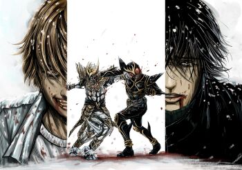 2boys armor belt black_armor black_bodysuit black_coat black_gloves black_hair blood blood_drop blood_on_clothes blood_on_face blood_on_hands blood_on_snow blood_on_teeth blood_splatter blood_stain bodysuit breastplate brown_eyes brown_hair clenched_hand clenched_hands coat compound_eyes crying crying_with_eyes_open rider_belt evil_smile face_punch fighting forehead_jewel gem gloves godai_yuusuke gold_armor green_shirt grey_eyes highres in_the_face jewelry kamen_rider kamen_rider_kuuga kamen_rider_kuuga_(series) kamen_rider_kuuga_(ultimate_form) male_focus monster multiple_boys n-daguva-zeba ornament punching red_eyes rider_belt shirt short_hair shoulder_armor smile snow snow_on_body snow_on_head spikes stag_beetle tanabatman tears teeth white_armor white_background white_fur white_shirt wrist_guards