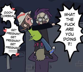 Rule 34 | 1girl, anger vein, animated, animated gif, blush, brown hair, caffstrink, corbeau (pokemon), dry humping, glasses, green jacket, harmony (pokemon), heart, hetero, highres, humping, jacket, looking at another, nintendo, open mouth, outdoors, plap plap plap get pregnant (meme), pokemon, pokemon legends: z-a, profanity, purple hair, rust syndicate grunt