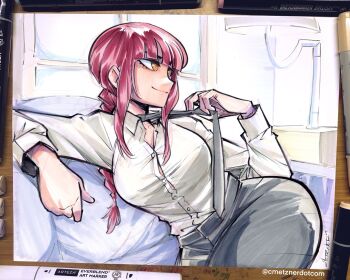 Rule 34 | 1girl, @ @, art tools in frame, black necktie, black pants, braid, braided ponytail, breasts, chainsaw man, chris metzner, closed mouth, commentary, english commentary, highres, indoors, lamp, large breasts, leaning to the side, long hair, long sleeves, makima (chainsaw man), marker, marker (medium), necktie, pants, profile, red hair, shirt, sidelocks, sitting, smile, solo, teeth, tented shirt, tight clothes, tight shirt, traditional media, undoing own necktie, upper teeth only, white shirt, wide hips, yellow eyes