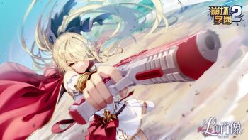 1girl benghuai_xueyuan black_bow blonde_hair blue_sky bow brown_eyes closed_mouth commentary_request detached_sleeves dress gun hair_bow handgun holding holding_gun holding_weapon honkai_(series) laniaitte_gordius_de_eumenes long_hair looking_at_viewer official_art outdoors pantyhose ponytail sky smile solo weapon white_dress white_pantyhose white_sleeves